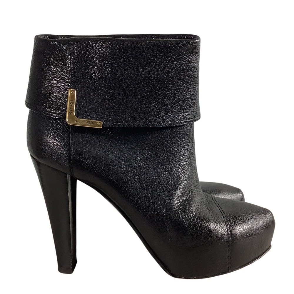 Louis Vuitton Black Pebbled Leather Platform Ankle Boots Gold Logo Hardware 37